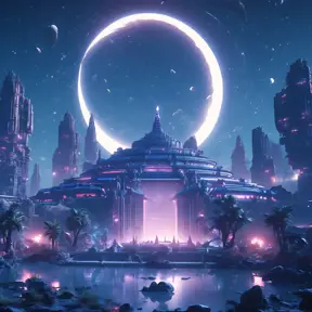 Distant view of a large round indigo temple in the center of a futuristic community. Extraterrestrial landscape. The moon and stars can be seen in the sky even during the day., 8k, Sci-Fi