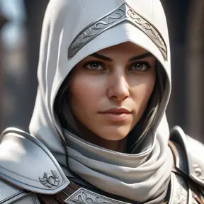 A closeup of a female assassin in white Assassins Creed armor, 8k, Highly Detailed, Artstation, Beautiful, Digital Illustration, Sharp Focus, Unreal Engine, Concept Art