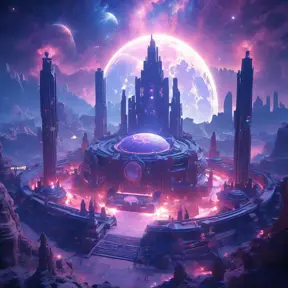 Cosmic round beautiful indigo temple in the center of a futuristic community. Extraterrestrial landscape. Planet sirius. The moon and stars can be seen in the sky even during the day., Sci-Fi, Volumetric Lighting, Vibrant Colors by Greg Rutkowski