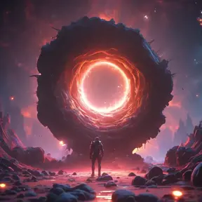 Digital art of Black hole containing strange object astronaut, Sci-Fi, Volumetric Lighting