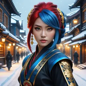 Mysterious beautiful kunoichi ninja with blue hair wearing black, red, and gold jewelry in the streets of a dark snowy town in russia, 8k, Intricate Details, Trending on Artstation, Red Hair by Stanley Artgerm Lau, WLOP