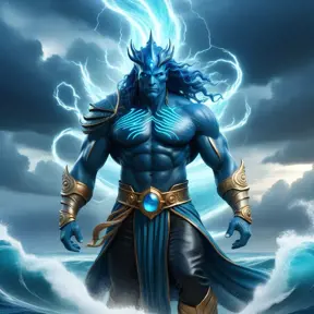 A celestial Blue-skinned God of the Seas, Storms, and Exploring emanating power of the seas, wearing half-leather, shrouded in storms in the style of digital art, 8k, Fantasy