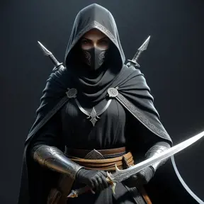 Veiled Assassin with daggers, 8k, Highly Detailed, Artstation, Illustration, Sharp Focus, Unreal Engine, Volumetric Lighting, Concept Art