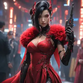 A dangerously armed asian feme fatale in silk red dress at a masquerade ball, Cyberpunk, Sci-Fi, Photo Realistic