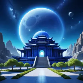 Cosmic round beautiful indigo temple in the center of a futuristic community. Extraterrestrial landscape. Planet sirius. The moon and stars can be seen in the sky even during the day., Sci-Fi, Volumetric Lighting, Vibrant Colors by Greg Rutkowski