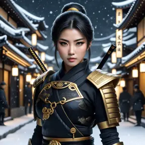 Mysterious beautiful armed kunoichi ninja wearing eyeliner and gold jewelry in the dark snowy streets of tokyo, 8k, Intricate Details, Trending on Artstation, Beautiful, Stunning, Centered by Stanley Artgerm Lau, WLOP