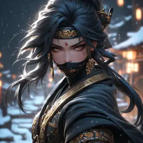 Mysterious beautiful armed kunoichi ninja wearing eyeliner and gold jewelry in the dark snowy streets of tokyo, 8k, Intricate Details, Trending on Artstation, Beautiful, Stunning, Centered by Stanley Artgerm Lau, WLOP