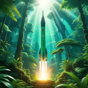 Studio ghibli, rocket explosion, jungle, solar, green technology, optimist future, 8k, Bokeh effect, Cinematic Lighting, Iridescence, Vibrant by Greg Rutkowski, WLOP