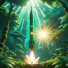 Studio ghibli, rocket explosion, jungle, solar, green technology, optimist future, 8k, Bokeh effect, Cinematic Lighting, Iridescence, Vibrant by Greg Rutkowski, WLOP