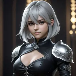 Alluring matte half body portrait of a beautiful 2B from Nier Automata wearing tight black leather, 8k, Highly Detailed, Intricate, Realistic, Sharp Focus, Volumetric Lighting, Fantasy, Elegant by Stanley Artgerm Lau, WLOP