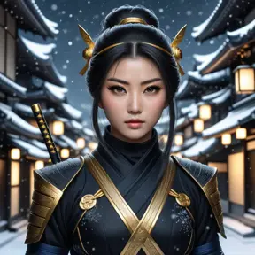 Mysterious beautiful armed kunoichi ninja wearing eyeliner and gold jewelry in the dark snowy streets of tokyo, 8k, Intricate Details, Trending on Artstation, Beautiful, Stunning, Centered by Stanley Artgerm Lau, WLOP