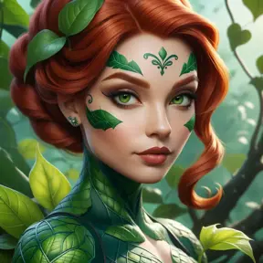 Closeup matte portrait of a tattooed Poison Ivy, 8k, Highly Detailed, Intricate, Artstation, Matte Painting, Sharp Focus, Concept Art by Stanley Artgerm Lau, Greg Rutkowski