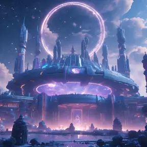 Distant view of a large round indigo temple in the center of a futuristic community. Extraterrestrial landscape. The moon and stars can be seen in the sky even during the day., 8k, Sci-Fi