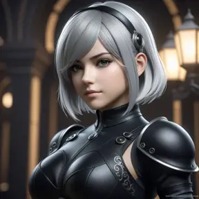 Alluring matte half body portrait of a beautiful 2B from Nier Automata wearing tight black leather, 8k, Highly Detailed, Intricate, Realistic, Sharp Focus, Volumetric Lighting, Fantasy, Elegant by Stanley Artgerm Lau, WLOP