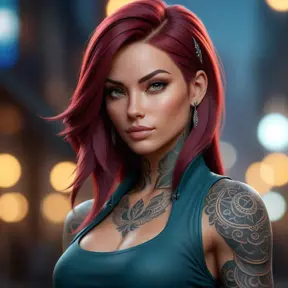 Matte portrait of Katarina with tattoos, 8k, Highly Detailed, Alluring, Artstation, Bokeh effect, Sharp Focus, Volumetric Lighting, Concept Art by Stanley Artgerm Lau, Greg Rutkowski