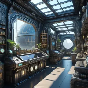 futuristic antique shop, 8k, Dystopian, High Definition, Highly Detailed, Hyper Detailed, Intricate, Intricate Artwork, Intricate Details, Ultra Detailed, Cgsociety, Cybernatic and Sci-Fi, Post-Apocalyptic, Biomechanical, Biopunk, Cassette Futurism, Cyberpunk, Futuristic, Lunarpunk, Pixiecore, Sci-Fi, Science Fiction, Solarpunk, Sparklecore, Unimaginable Beauty, Voidpunk, Matte Painting, Sharp Focus by Stefan Kostic