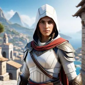 Kassandra from Assassins Creed in white armor, 8k, Highly Detailed, Artstation, Beautiful, Digital Illustration, Sharp Focus, Unreal Engine, Concept Art