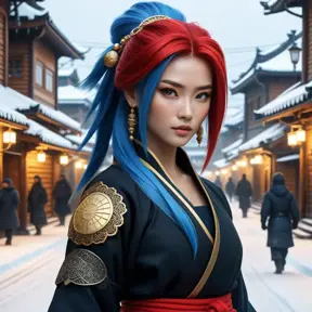 Mysterious beautiful kunoichi ninja with blue hair wearing black, red, and gold jewelry in the streets of a dark snowy town in russia, 8k, Intricate Details, Trending on Artstation, Red Hair by Stanley Artgerm Lau, WLOP