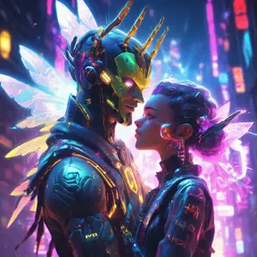 A Cyberpunk half bee and half Human girl with vizor, Cybernatic and Sci-Fi, Cityscape, Bloom light effect, Colorful, Ecstatic, Exciting, Joyful