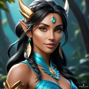 Alluring matte portrait of a beautiful Nidalee in the style of Stefan Kostic, 8k, Highly Detailed, Intricate, Half Body, Realistic, Sharp Focus, Volumetric Lighting, Fantasy, Elegant by Stanley Artgerm Lau, Greg Rutkowski