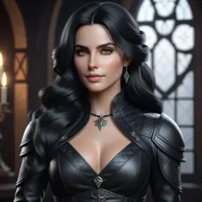 Alluring matte half body portrait of a beautiful Yennefer wearing tight black leather, 8k, Highly Detailed, Intricate, Realistic, Sharp Focus, Volumetric Lighting, Fantasy, Elegant by Stanley Artgerm Lau, WLOP