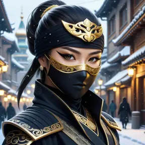 Wallpaper of a mysterious beautiful masked kunoichi ninja wearing eyeliner and gold jewelry in the streets of a dark snowy town in moscow, fluid motion, 8k, Intricate Details, Trending on Artstation, Beautiful, Stunning, Centered by Stanley Artgerm Lau, WLOP