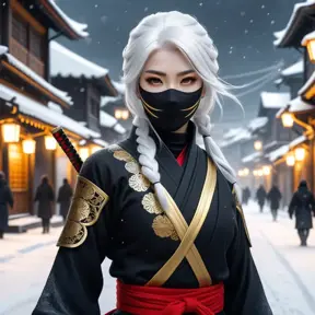 Mysterious beautiful white kunoichi ninja wearing black, red and gold in the streets of a dark snowy town in russia, 8k, Intricate Details, Trending on Artstation, White Hair by Stanley Artgerm Lau, WLOP