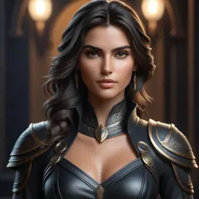 Alluring matte half body portrait of a beautiful Kassandra wearing tight black leather, 8k, Highly Detailed, Intricate, Realistic, Sharp Focus, Volumetric Lighting, Fantasy, Elegant by Stanley Artgerm Lau, WLOP