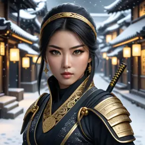 Mysterious beautiful armed kunoichi ninja wearing eyeliner and gold jewelry in the streets of a dark snowy town, 8k, Intricate Details, Trending on Artstation, Beautiful, Stunning, Centered by Stanley Artgerm Lau, WLOP