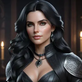 Alluring matte half body portrait of a beautiful Yennefer wearing tight black leather, 8k, Highly Detailed, Intricate, Realistic, Sharp Focus, Volumetric Lighting, Fantasy, Elegant by Stanley Artgerm Lau, WLOP