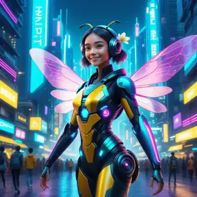 A Cyberpunk half bee and half Human girl with vizor, Cybernatic and Sci-Fi, Cityscape, Bloom light effect, Colorful, Ecstatic, Exciting, Joyful