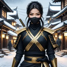 Mysterious beautiful armed kunoichi ninja wearing eyeliner and gold jewelry in the streets of a dark snowy town, 8k, Intricate Details, Trending on Artstation, Beautiful, Stunning, Centered by Stanley Artgerm Lau, WLOP