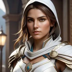 Alluring matte portrait of a fierce looking Kassandra in white Assassin's Creed armor, 8k, Highly Detailed, Intricate, Half Body, Realistic, Sharp Focus, Volumetric Lighting, Fantasy, Elegant by Stanley Artgerm Lau, Alphonse Mucha, WLOP