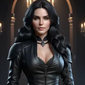 Alluring matte portrait of a beautiful Yennefer in black leather, 8k, Full Body, Realistic, Volumetric Lighting, Fantasy by Stanley Artgerm Lau, WLOP