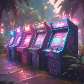 80s futuristic outdoor retro arcade, desolate, lush vegetation, Highly Detailed, Intricate, Artstation, Sharp Focus, Smooth, Octane Render, Centered, Dynamic, Elegant by Beeple, Justin Gerard, James Gilleard, Simon Stalenhag