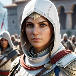 A closeup of Kassandra from Assassins Creed in white armor, 8k, Highly Detailed, Artstation, Beautiful, Digital Illustration, Sharp Focus, Unreal Engine, Concept Art