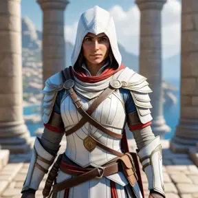 Kassandra from Assassins Creed in white armor, 8k, Highly Detailed, Artstation, Beautiful, Digital Illustration, Sharp Focus, Unreal Engine, Concept Art