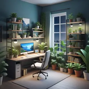 Nostalgic bedroom with a gaming pc, windows, plants bookshelves, desk, 3d art, muted colors, perfect lighting, night time, Highly Detailed, Behance, Isometric, 3D Rendering, Concept Art by WLOP