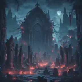 Hyper Detailed illustration of an eerie dystopian graveyard at night, 8k, Gothic and Fantasy, Horror, Epic, Sharp Focus, Deviantart by Alena Aenami, Studio Ghibli