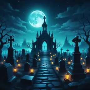 Hyper Detailed illustration of an eerie dystopian graveyard at night, 8k, Gothic and Fantasy, Horror, Epic, Sharp Focus, Deviantart by Alena Aenami, Studio Ghibli