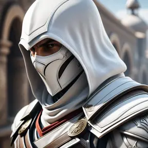 A closeup of an assassin in white Assassins Creed armor, 8k, Highly Detailed, Artstation, Beautiful, Digital Illustration, Sharp Focus, Unreal Engine, Concept Art