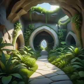 Arc hallway for secret overwatch habitation quarters carved inside a cave surrounding a lush garden, 8k, Trending on Artstation, Minimalism, Unimaginable Beauty, Sharp Focus, 3D Rendering, Unreal Engine, Natural Light, Concept Art, Naturalism