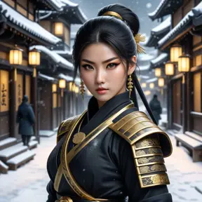 Mysterious beautiful armed kunoichi ninja wearing eyeliner and gold jewelry in the streets of a dark snowy town, 8k, Intricate Details, Trending on Artstation, Beautiful, Stunning, Centered by Stanley Artgerm Lau, WLOP