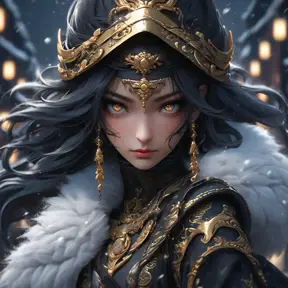 Mysterious beautiful armed kunoichi ninja wearing eyeliner and gold jewelry in the dark snowy streets of tokyo, 8k, Intricate Details, Trending on Artstation, Beautiful, Stunning, Centered by Stanley Artgerm Lau, WLOP