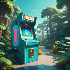 80s futuristic outdoor retro arcade, desolate, lush vegetation, Highly Detailed, Intricate, Artstation, Sharp Focus, Smooth, Octane Render, Centered, Dynamic, Elegant by Beeple, Justin Gerard, James Gilleard, Simon Stalenhag