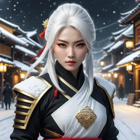 Mysterious beautiful white kunoichi ninja wearing black, red and gold in the streets of a dark snowy town in russia, 8k, Intricate Details, Trending on Artstation, White Hair by Stanley Artgerm Lau, WLOP