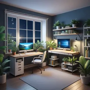 Nostalgic bedroom with a gaming pc, windows, plants bookshelves, desk, 3d art, muted colors, perfect lighting, night time, Highly Detailed, Behance, Isometric, 3D Rendering, Concept Art by WLOP