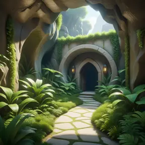 Arc hallway for secret overwatch habitation quarters carved inside a cave surrounding a lush garden, 8k, Trending on Artstation, Minimalism, Unimaginable Beauty, Sharp Focus, 3D Rendering, Unreal Engine, Natural Light, Concept Art, Naturalism