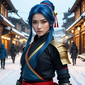 Mysterious beautiful kunoichi ninja with blue hair wearing black, red, and gold jewelry in the streets of a dark snowy town in russia, 8k, Intricate Details, Trending on Artstation, Red Hair by Stanley Artgerm Lau, WLOP