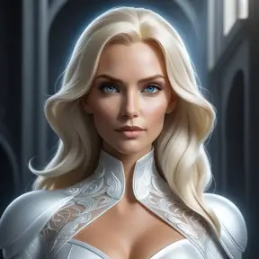 Alluring matte portrait of a beautiful Emma Frost: from Xmen in the style of Stefan Kostic, 8k, Highly Detailed, Intricate, Half Body, Realistic, Sharp Focus, Volumetric Lighting, Fantasy, Elegant by Stanley Artgerm Lau, Greg Rutkowski